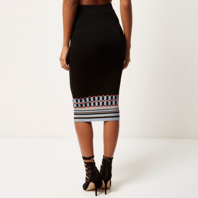 Navy knitted geometric pencil skirt